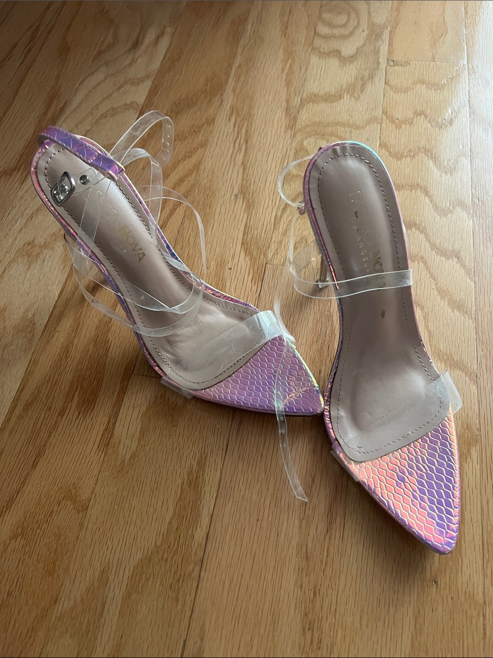 Clear-Strap Iridescent Pink Pointed-Toe Heels
